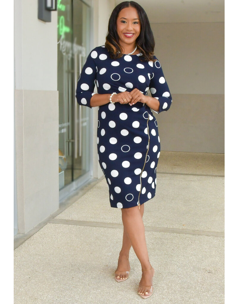 RAYIO- Circle Print 3/4 Sleeve Dress with Side Zip