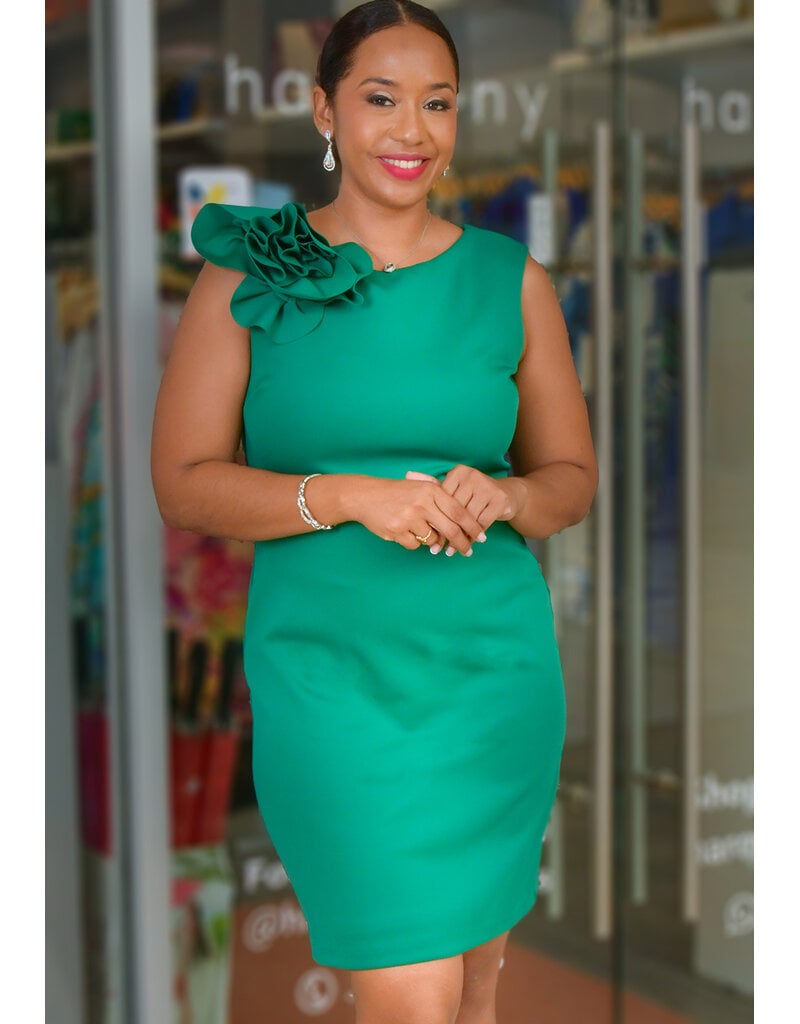 USMAN- Solid Armhole Dress with Flower on Shoulder