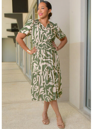 Signature KENIXA- Printed Short Sleeve Elastic Waist Dress