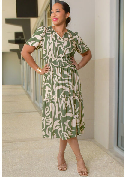 Signature KENIXA- Printed Short Sleeve Elastic Waist Dress