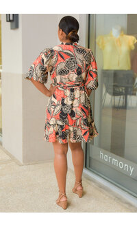 52SEVEN KEMORE- Printed Button Down Puff Sleeve Dress