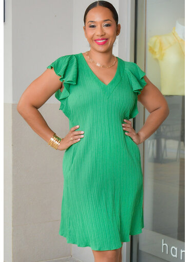 52SEVEN KEDGE- Solid V-Neck Frill Sleeve Dress