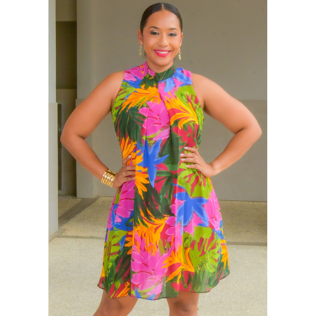 FLAVIA- Printed High Neck Overlay Dress