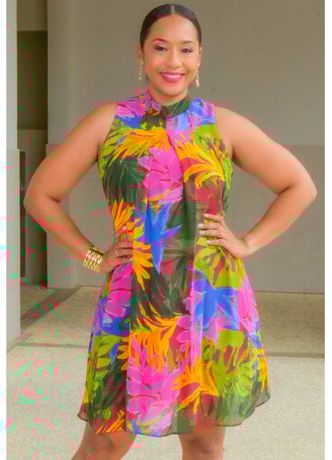 Signature FLAVIA- Printed High Neck Overlay Dress