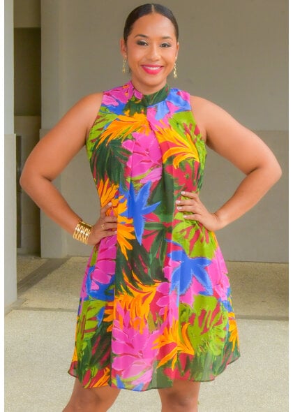 Signature FLAVIA- Printed High Neck Overlay Dress