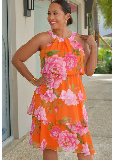 Signature FLAIRA- Floral Hi-Neck Shutter Bottom Dress