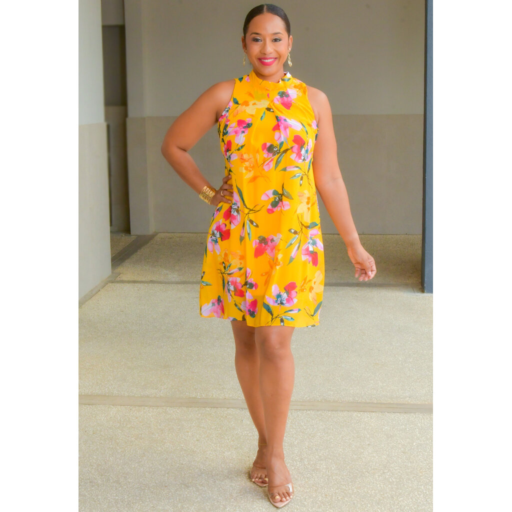 FLAVIA- Floral Mock Neck with Tie Overlay