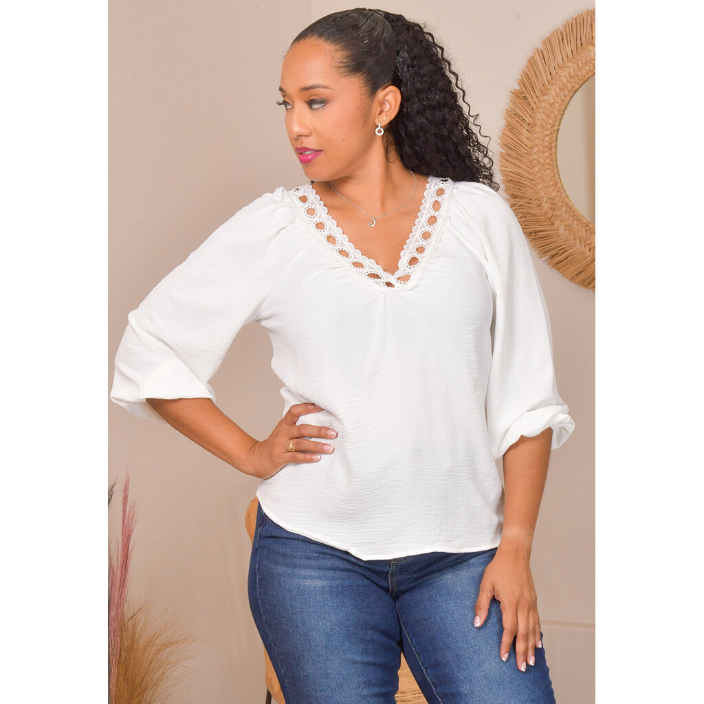 VALLEE- Crochet V-Neck Balloon Sleeve Top