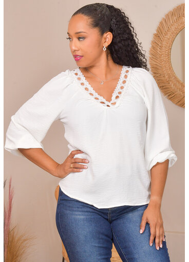 Unique Spectrum VALLEE- Crochet V-Neck Balloon Sleeve Top