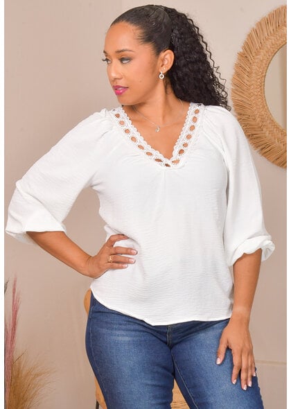 Unique Spectrum VALLEE- Crochet V-Neck Balloon Sleeve Top