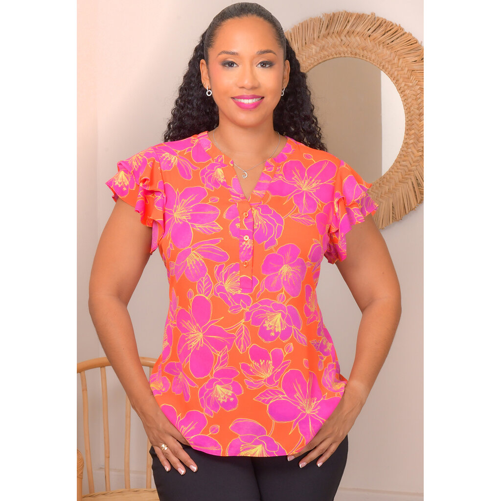 VANDAL- Floral V Neck Top with Double Frill Sleeves