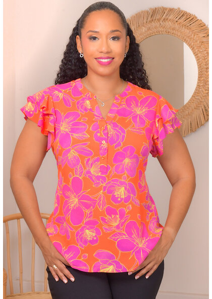 ZAC & RACHEL VANDAL- Floral V Neck Top with Double Frill Sleeves