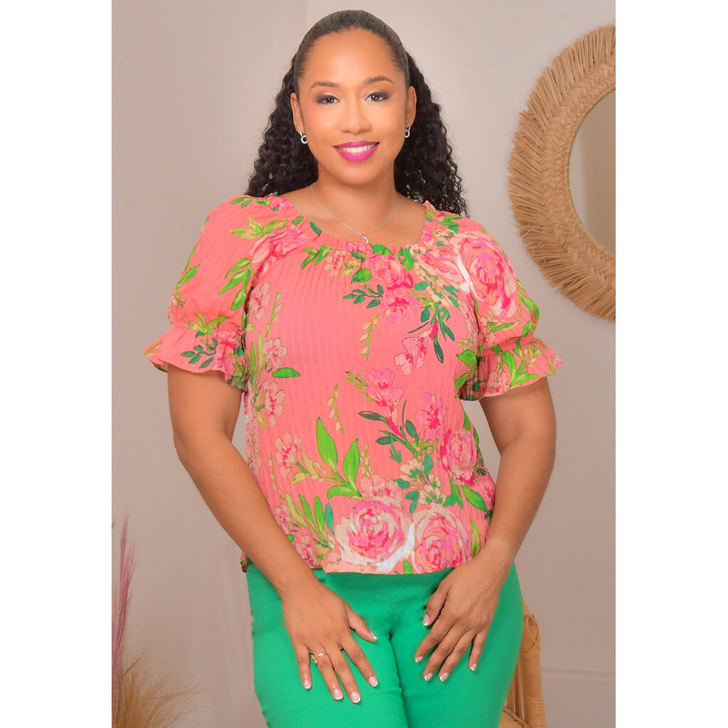 VANGEE- Floral Off Shoulder Top with Short Sleeves