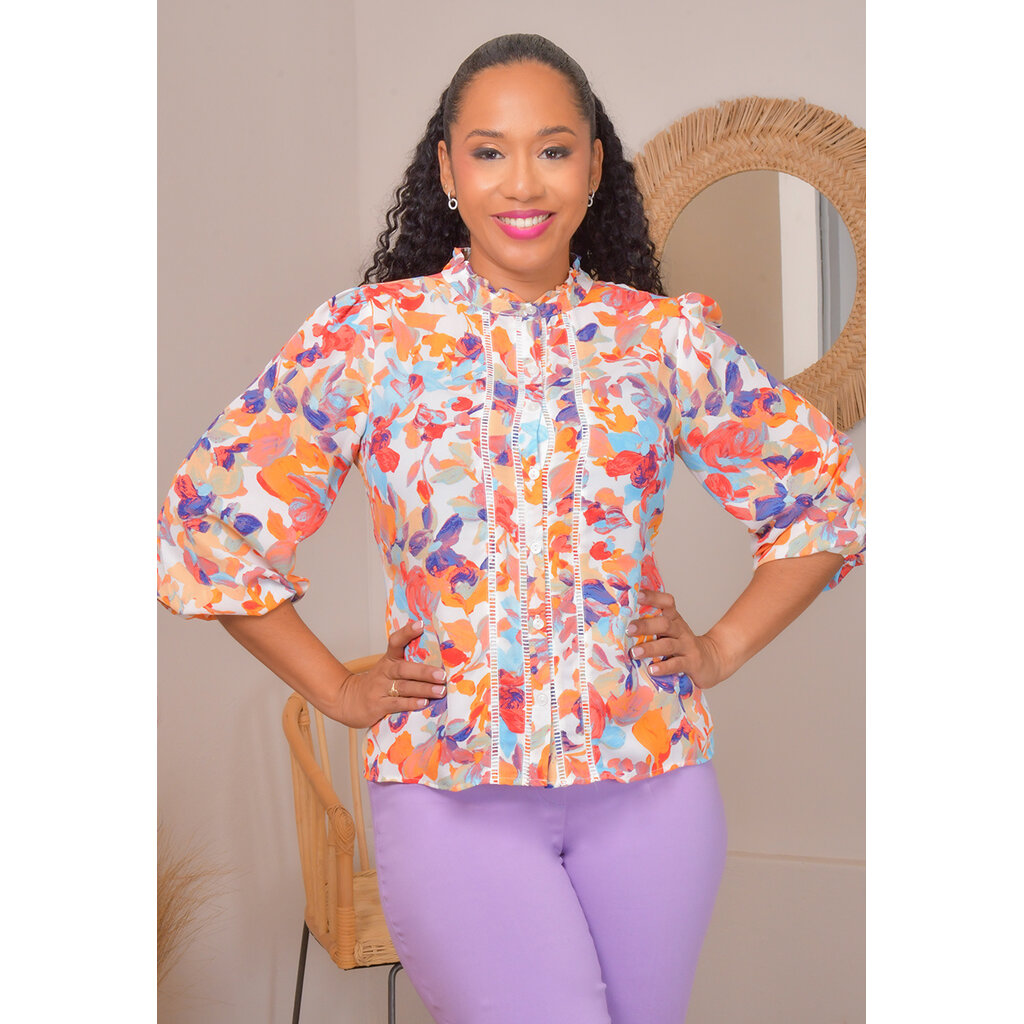 VANIR- Floral Frill Neck Balloon Sleeves Top