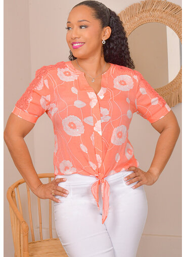 ZAC & RACHEL VARINI- Printed V Neck Top with Crochet Shoulders