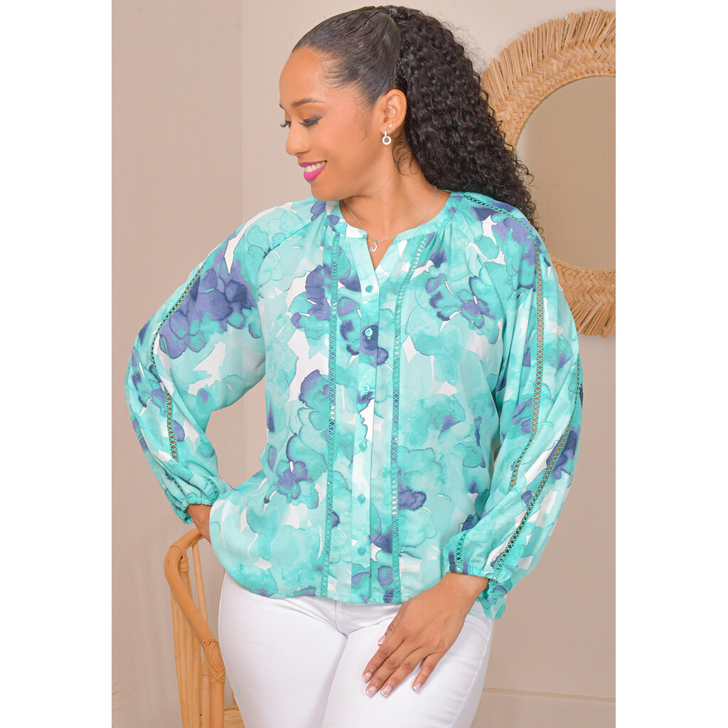 VASS- Floral Button Down Top with Cut-Outs