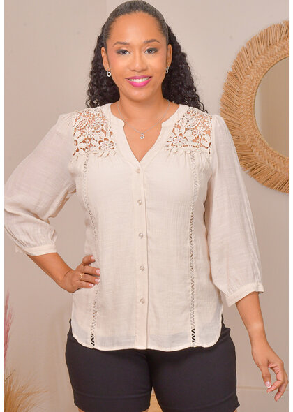 HARPER 241 VATRIX- Crochet 3/4 Button Down Top