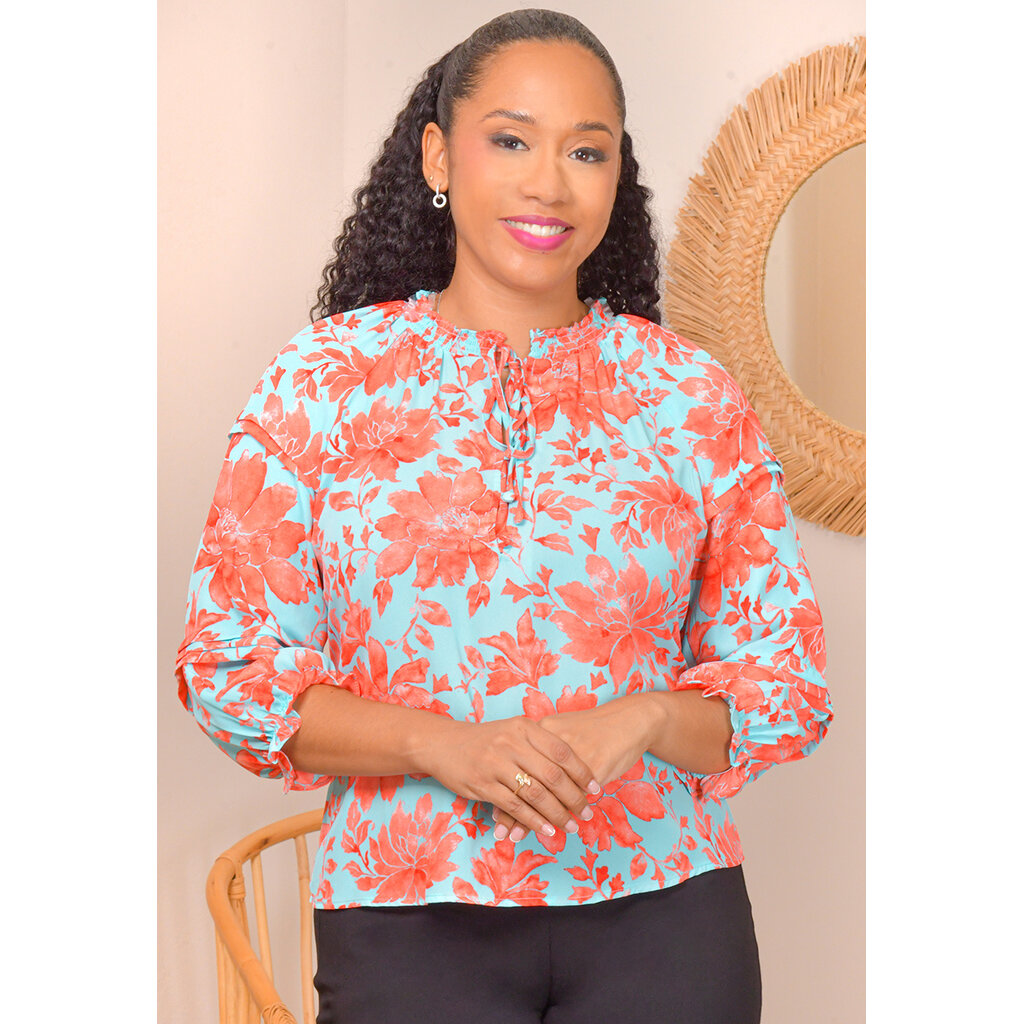 VEALE- Floral Elastic Neck Top with Balloon Sleeves