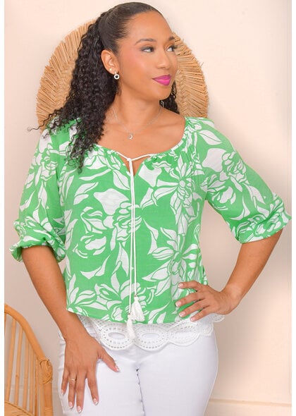 MLLE Gabrielle VEDHA- Tie Neck Crochet Hem Top