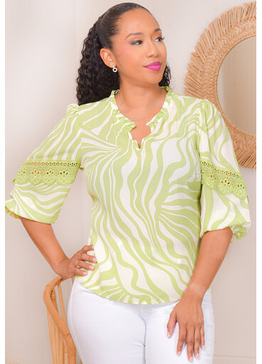 ZAC & RACHEL VERONY- Printed Top with Crochet Patch Sleeves