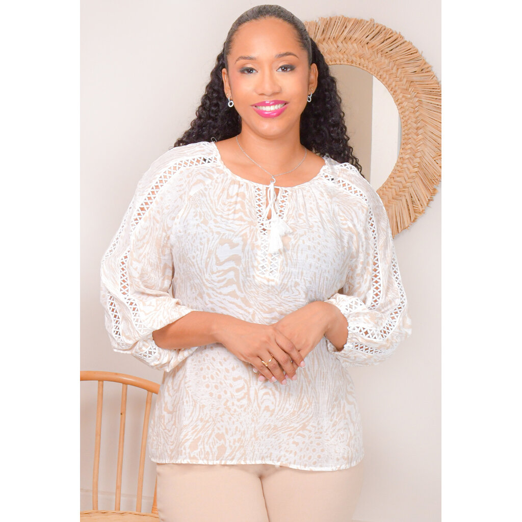 VERIDIAN- Printed Top with Balloon Sleeves & Cut-Outs