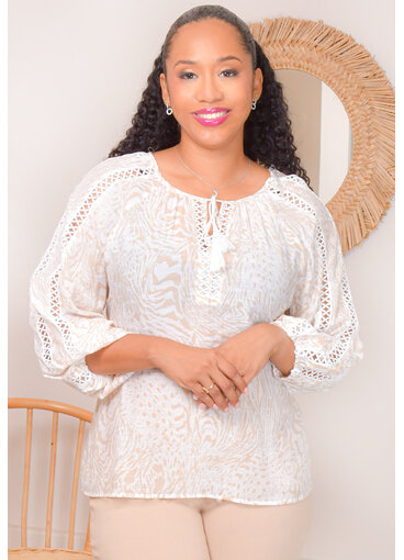 PALM RIO VERIDIAN- Printed Top with Balloon Sleeves & Cut-Outs