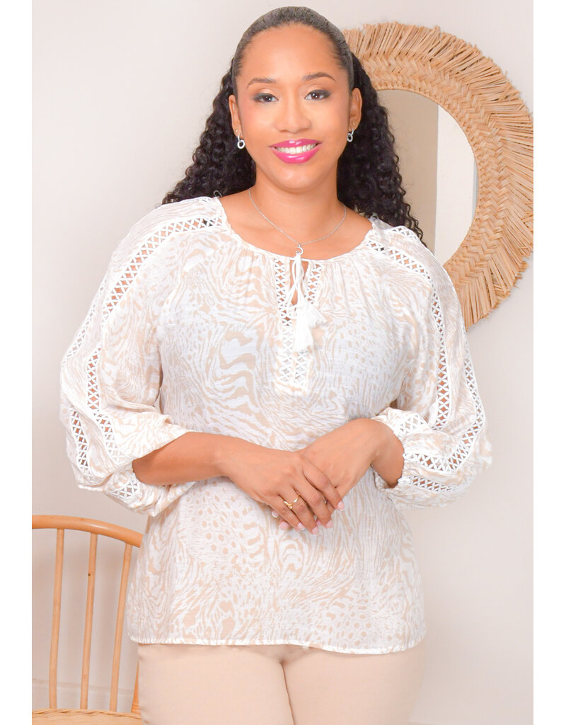 PALM RIO VERIDIAN- Printed Top with Balloon Sleeves & Cut-Outs