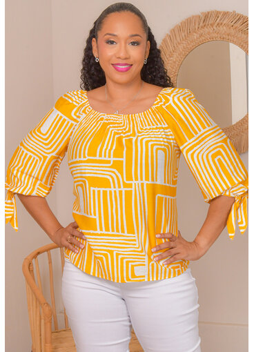 MLLE Gabrielle VICENTE- Printed 3/4 Sleeve Elastic Neck Top