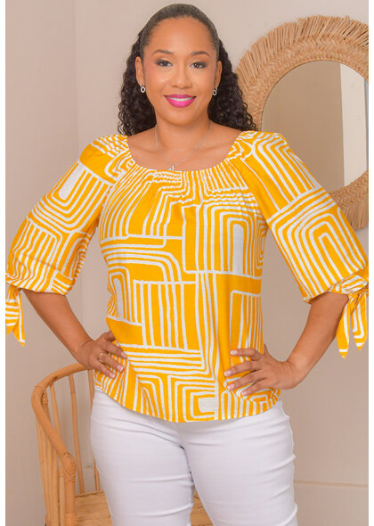 MLLE Gabrielle VICENTE- Printed 3/4 Sleeve Elastic Neck Top