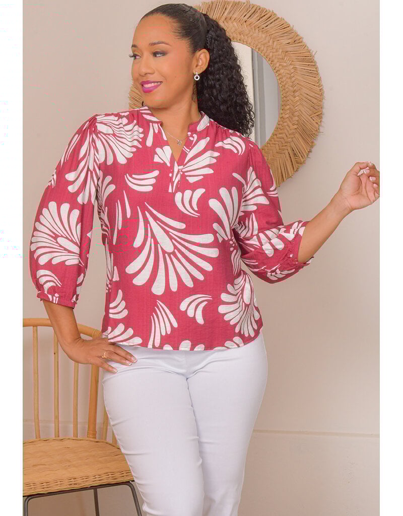 Unique Spectrum VICKEE- Printed Split Neck Balloon Sleeve Top