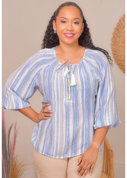 PLAM RIO VIDHI- Tie Crochet V-Neck Top with Elastic Sleeves