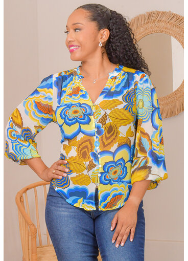 FIGUEROA & FLOWER VILGOT- Floral Button Down Balloon Sleeve Top