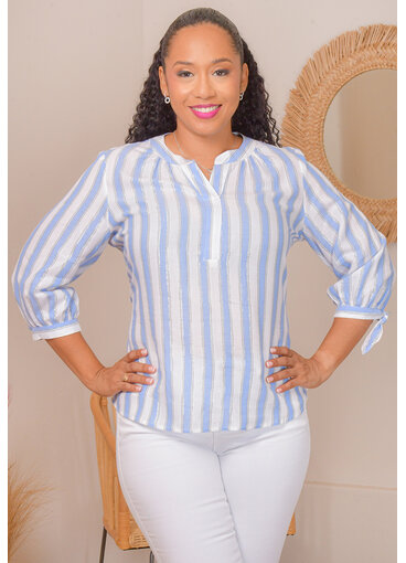 PALM RIO VIRTUE- Stripe Split Neck 3/4 Sleeve Top