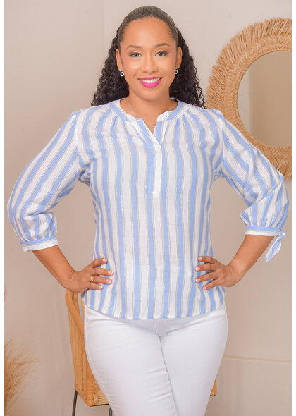PALM RIO VIRTUE- Stripe Split Neck 3/4 Sleeve Top