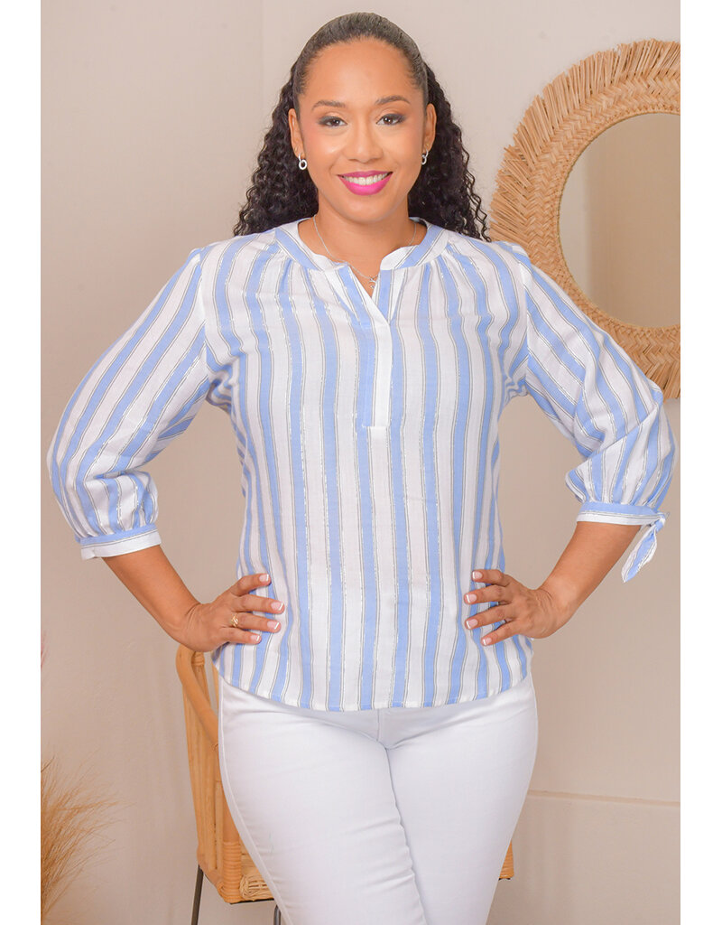 PALM RIO VIRTUE- Stripe Split Neck 3/4 Sleeve Top