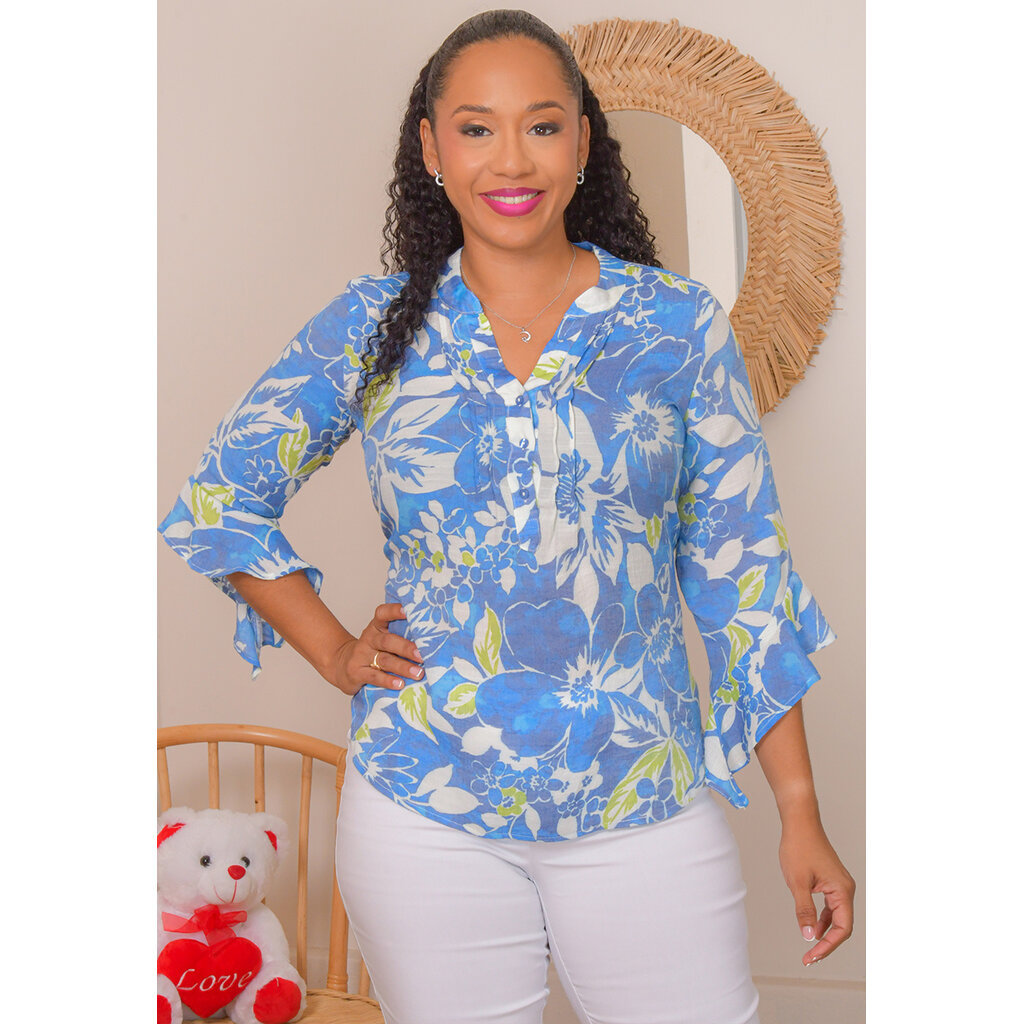 VJERA- Forla Split Neck Trumpet Sleeve Top