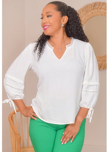 Unique Spectrum VONESSA- Crochet Neck Top with 3/4 Sleeves
