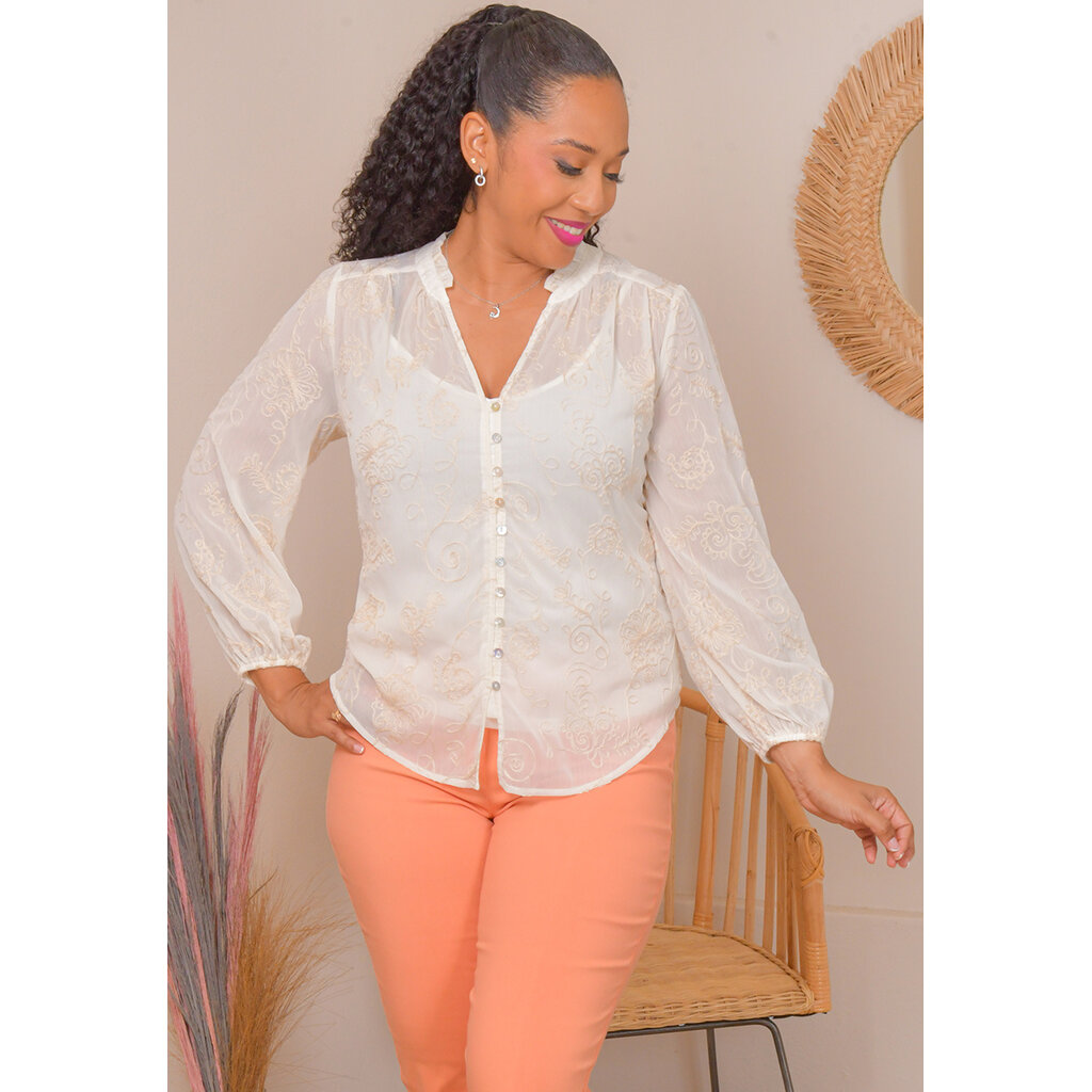 VRAN- Embroidery V-Neck Balloon Sleeve Top