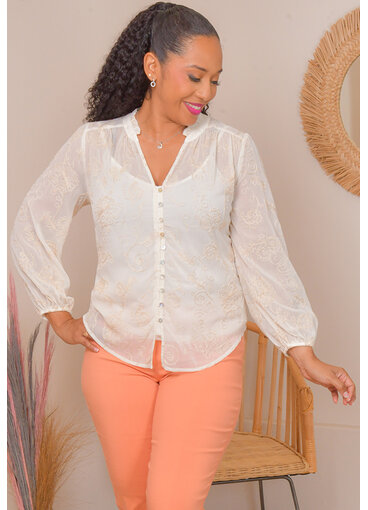 FIGUEROA & FLOWER VRAN- Embroidery V-Neck Balloon Sleeve Top