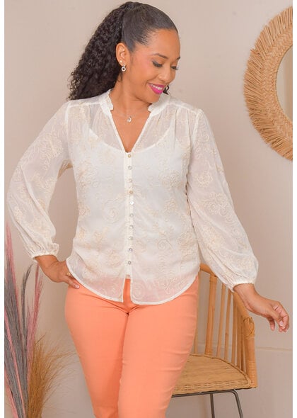 FIGUEROA & FLOWER VRAN- Embroidery V-Neck Balloon Sleeve Top