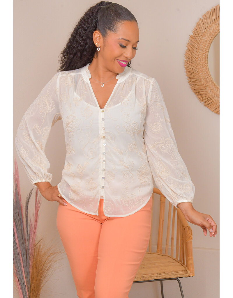 FIGUEROA & FLOWER VRAN- Embroidery V-Neck Balloon Sleeve Top