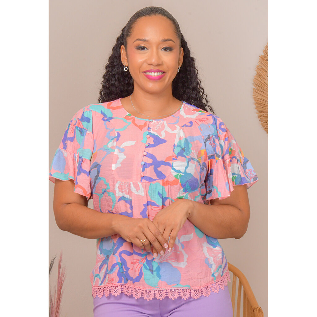 VULU- Floral Top Short Frill Sleeves