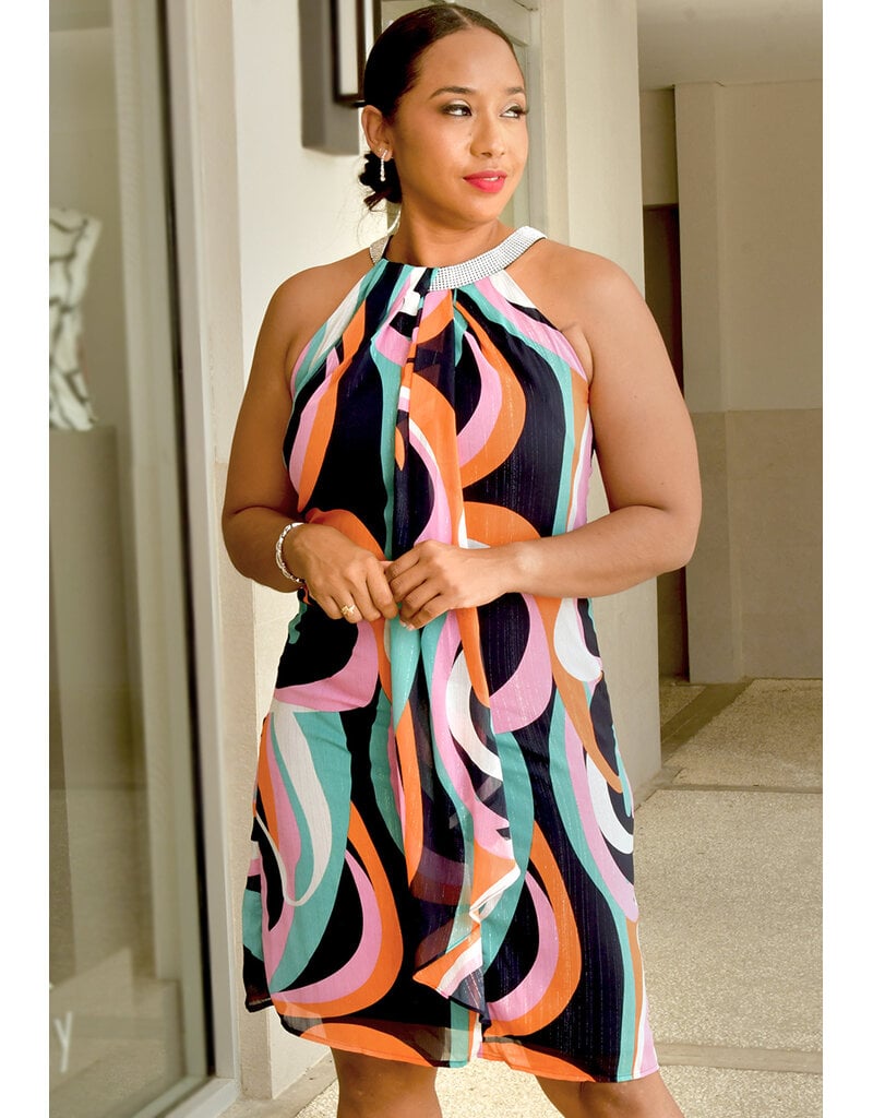 Peach Velvet FEIA- Printed Armhole Dress with Diamanté Neck