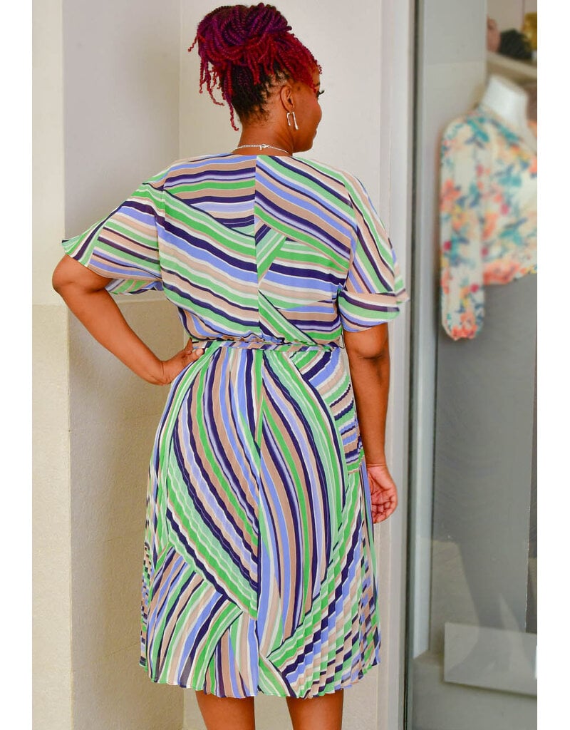 Sandra Darren FELIPE- Stripe Lap Top Dress with Pleats