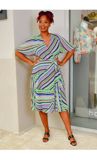 Sandra Darren FELIPE- Stripe Lap Top Dress with Pleats