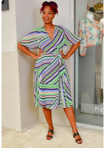 Sandra Darren FELIPE- Stripe Lap Top Dress with Pleats