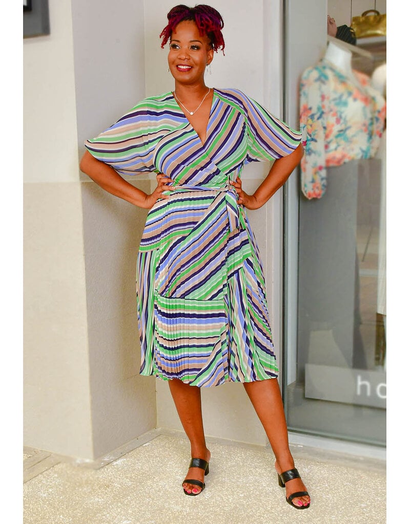 Sandra Darren FELIPE- Stripe Lap Top Dress with Pleats