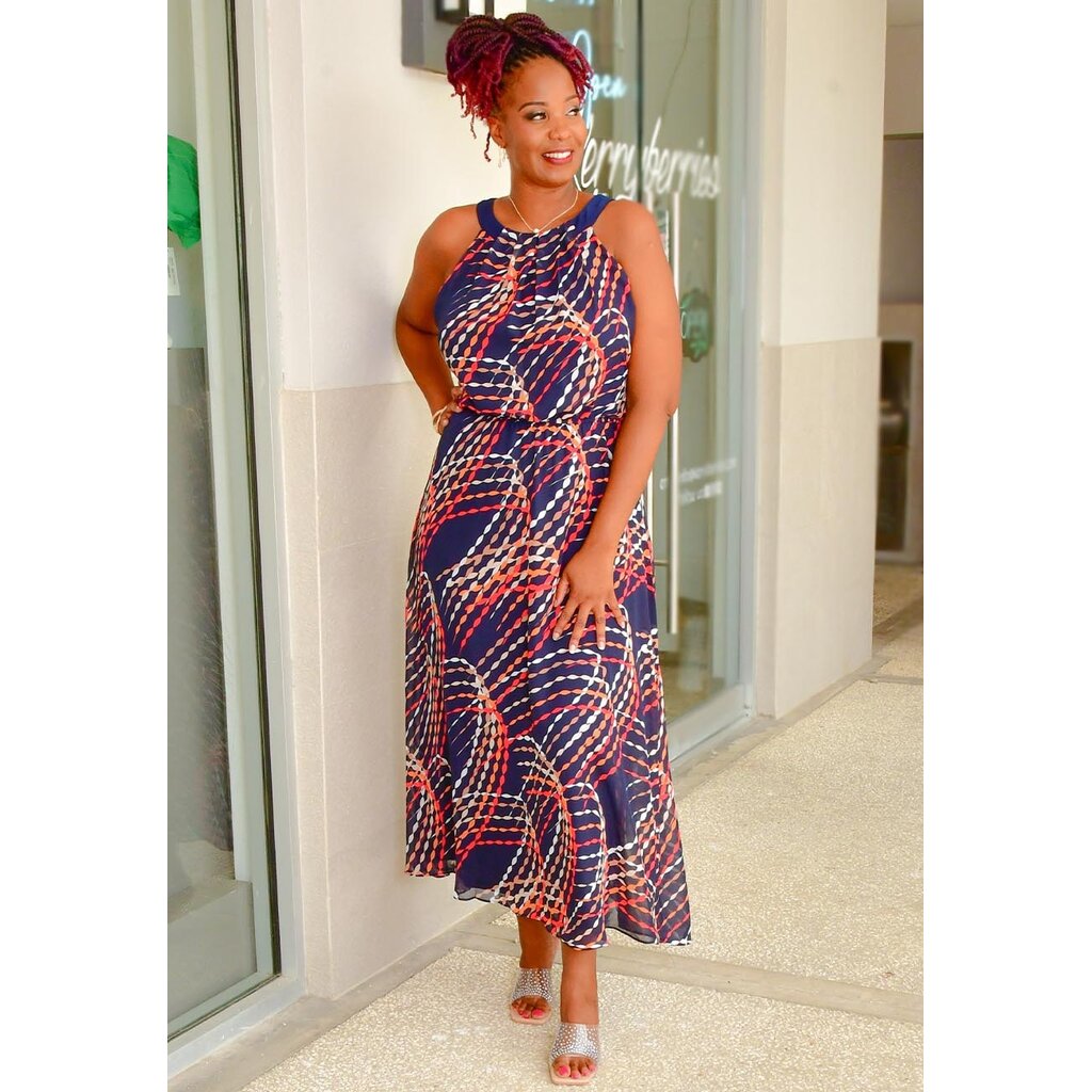 FRILIA- Long Printed Dress with Hi-Neck