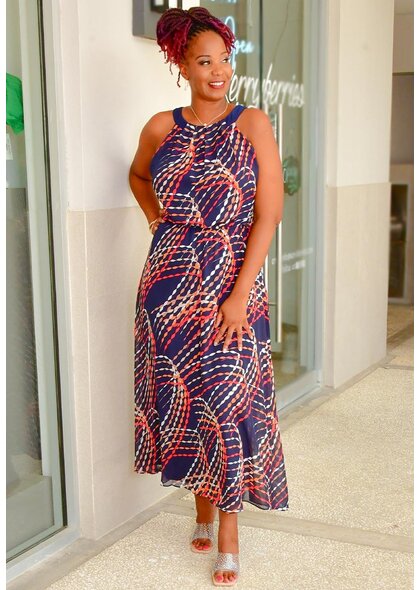 Signature FRILIA- Long Printed Dress with Hi-Neck