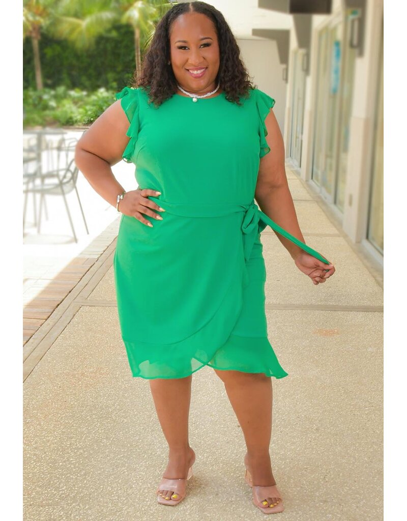 Shelby & Palmer RETTI- Plus Size Solid Chiffon Frill Arm Dress